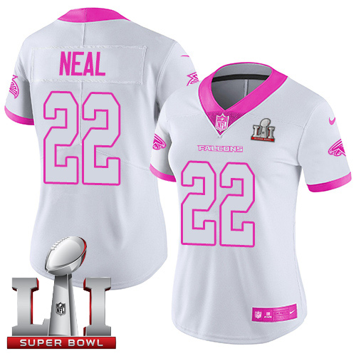 Nike Falcons #22 Keanu Neal White/Pink Super Bowl LI 51 Women's Stitched NFL Limited Rush Fashion Jersey